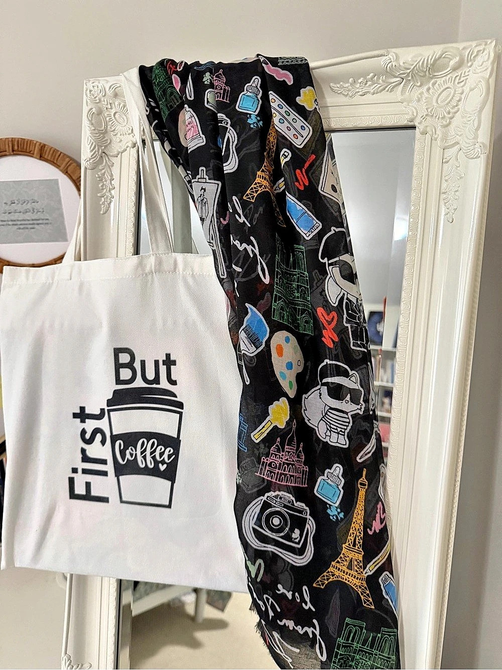 White & Black First But Coffee Graphic Tote